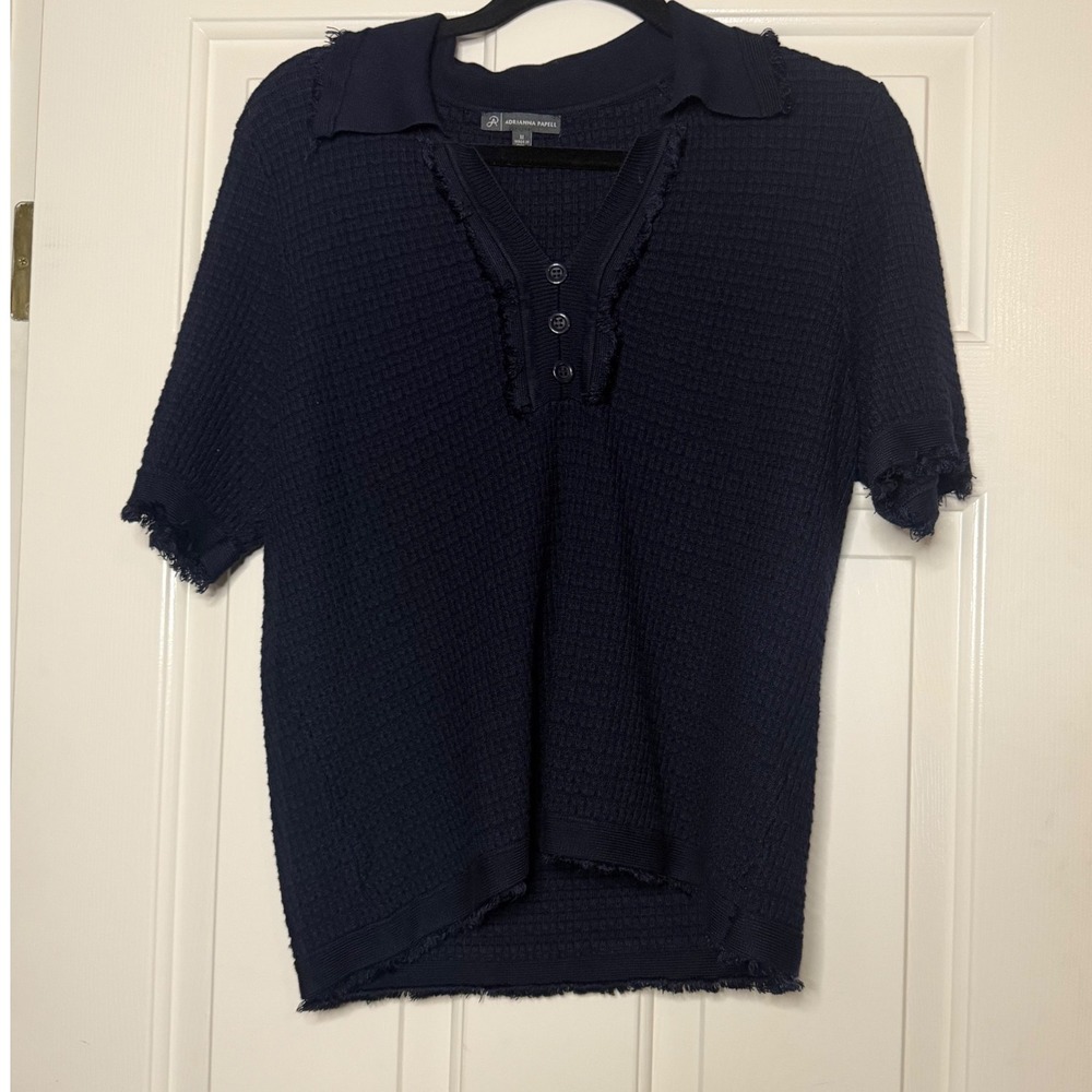 Adrianna Papell Navy Blue Waffle Knit Fringe Trim Henley Sweater Top Medium